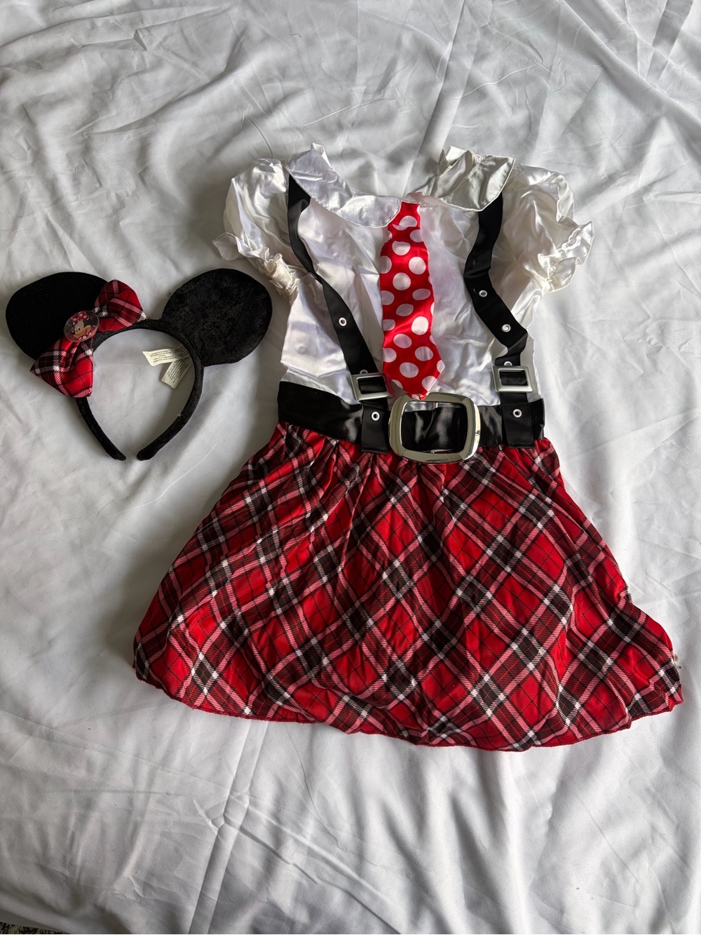 Girls Red Plaid Minnie-Inspired Costume Dress with Headband